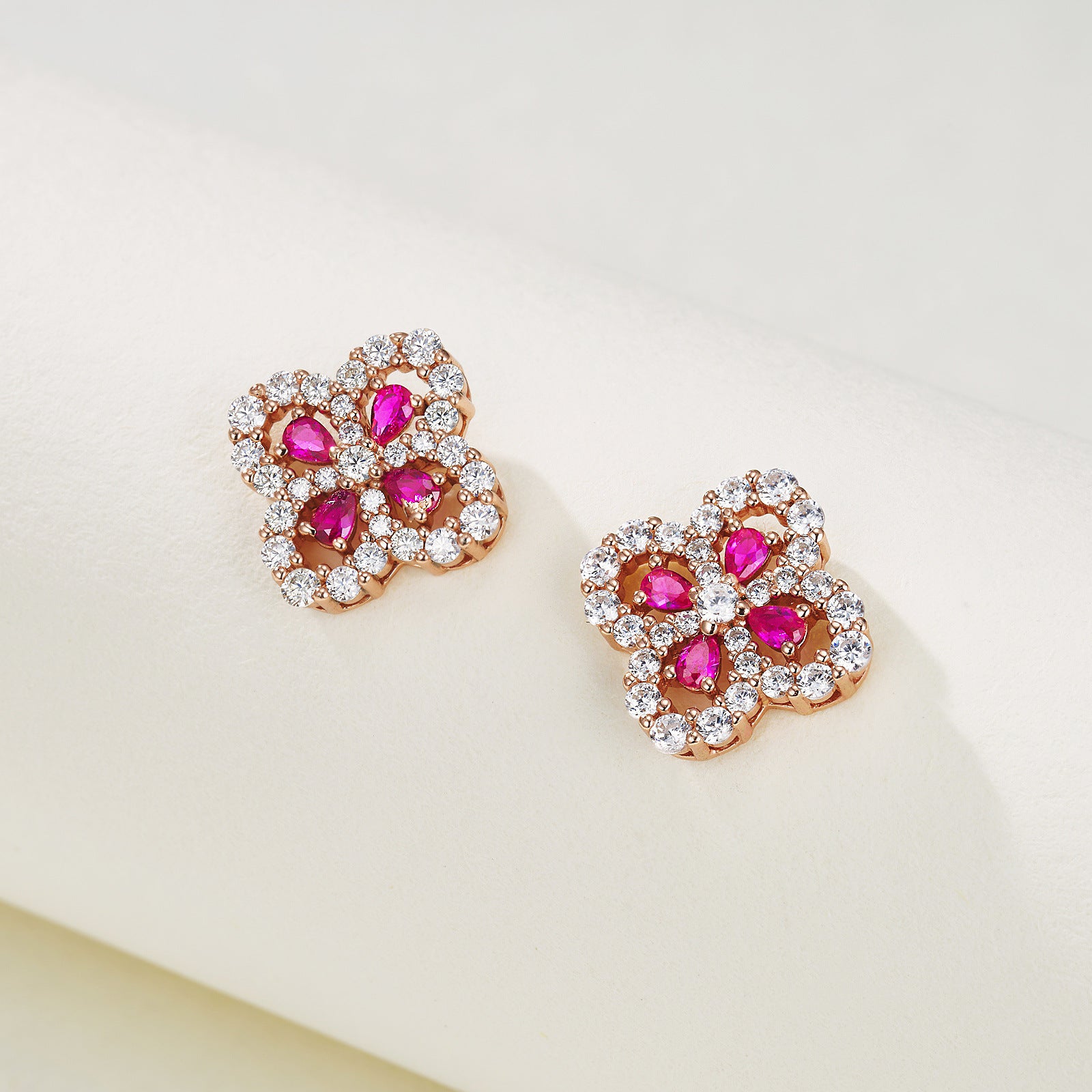 S925 Sterling Silver Rose-Gold Lab Ruby Four-Leaf Clover Pave Earrings, Jewellery for Women - Photo 3