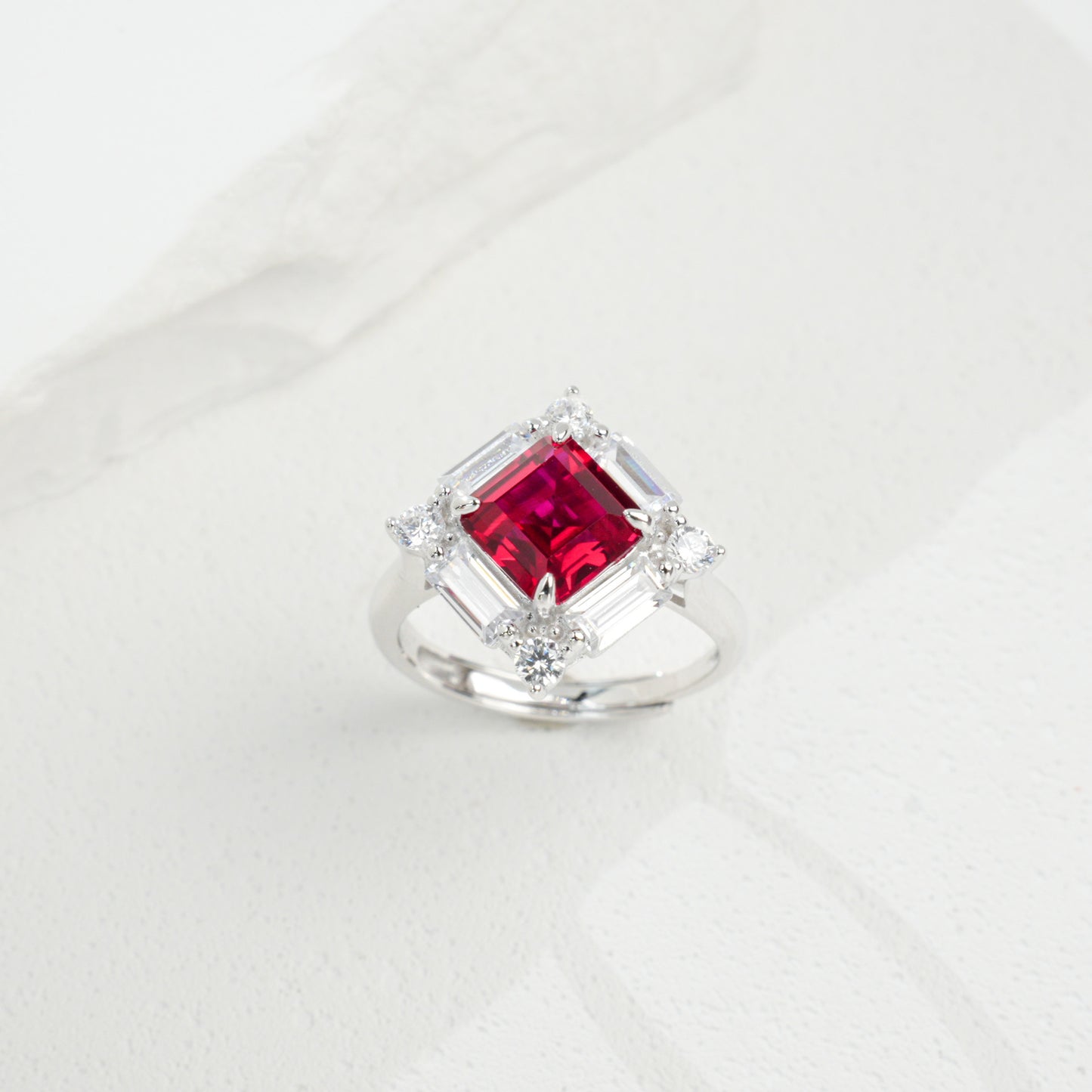 S925 Sterling Silver Lab Pigeon Blood Ruby T-Shape Pave Ring, Gift for Women - Photo 2