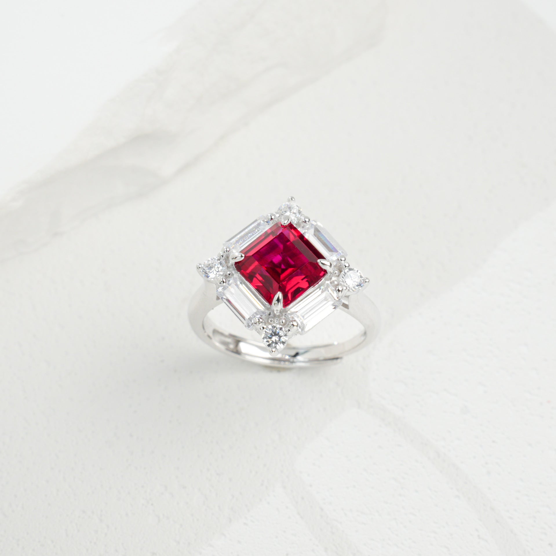 S925 Sterling Silver Lab Pigeon Blood Ruby T-Shape Pave Ring, Gift for Women - Photo 2