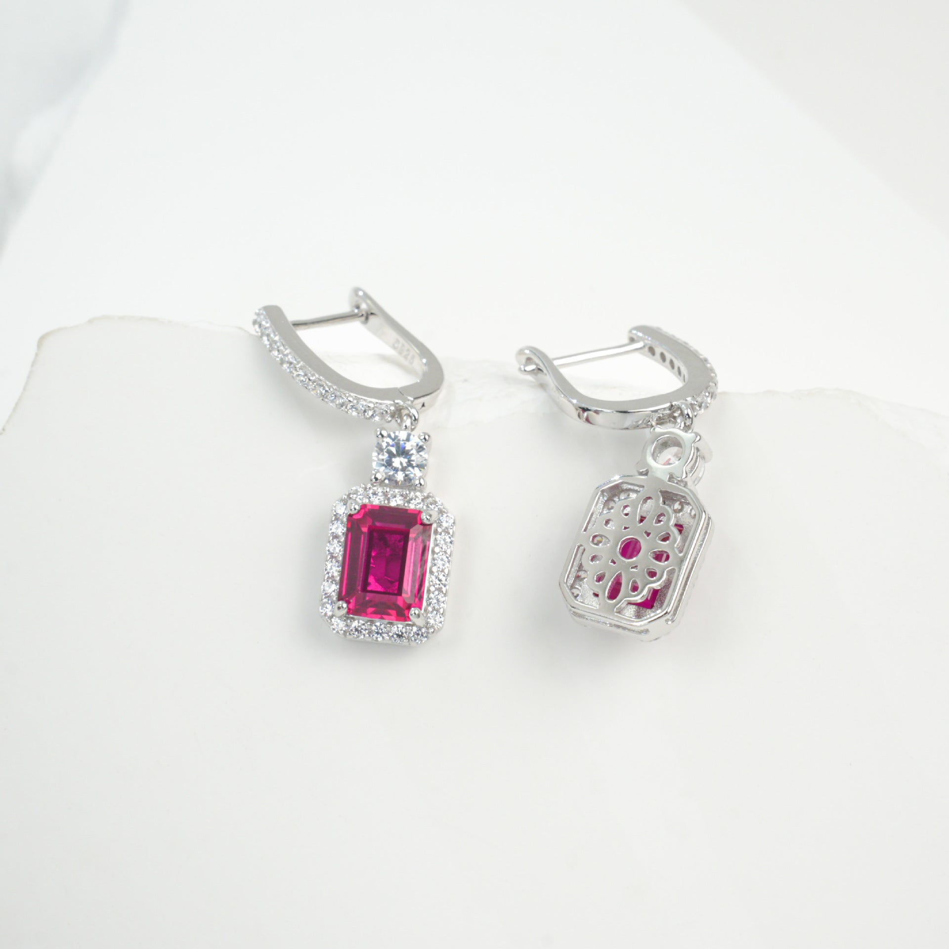 S925 Silver Lab Ruby Drop Earrings Diamond Halo, Anniversary Versatile Gift - Photo 4