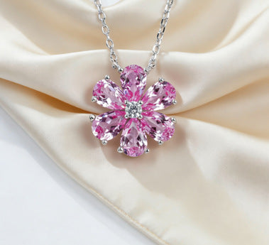 S925 Sterling Silver Pink Diamond Cherry Blossom Choker Necklace, Versatile Elegant for Women - Photo 6