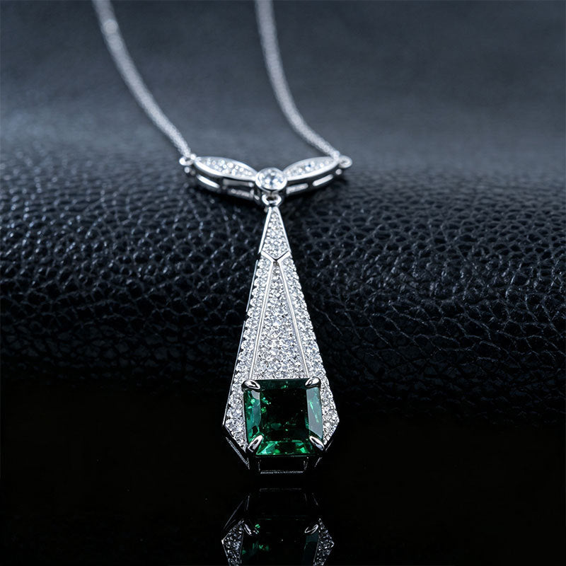 Vintage Lab Emerald Necklace S925 Silver Full Diamond Evening Premium - Photo 4