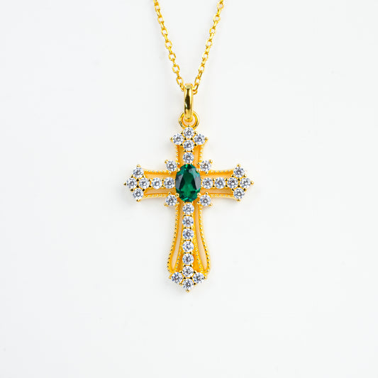 925 Sterling Silver Yellow-Gold Lab Emerald/Sapphire/Ruby Necklace, Vintage Artistic Premium - Photo 5
