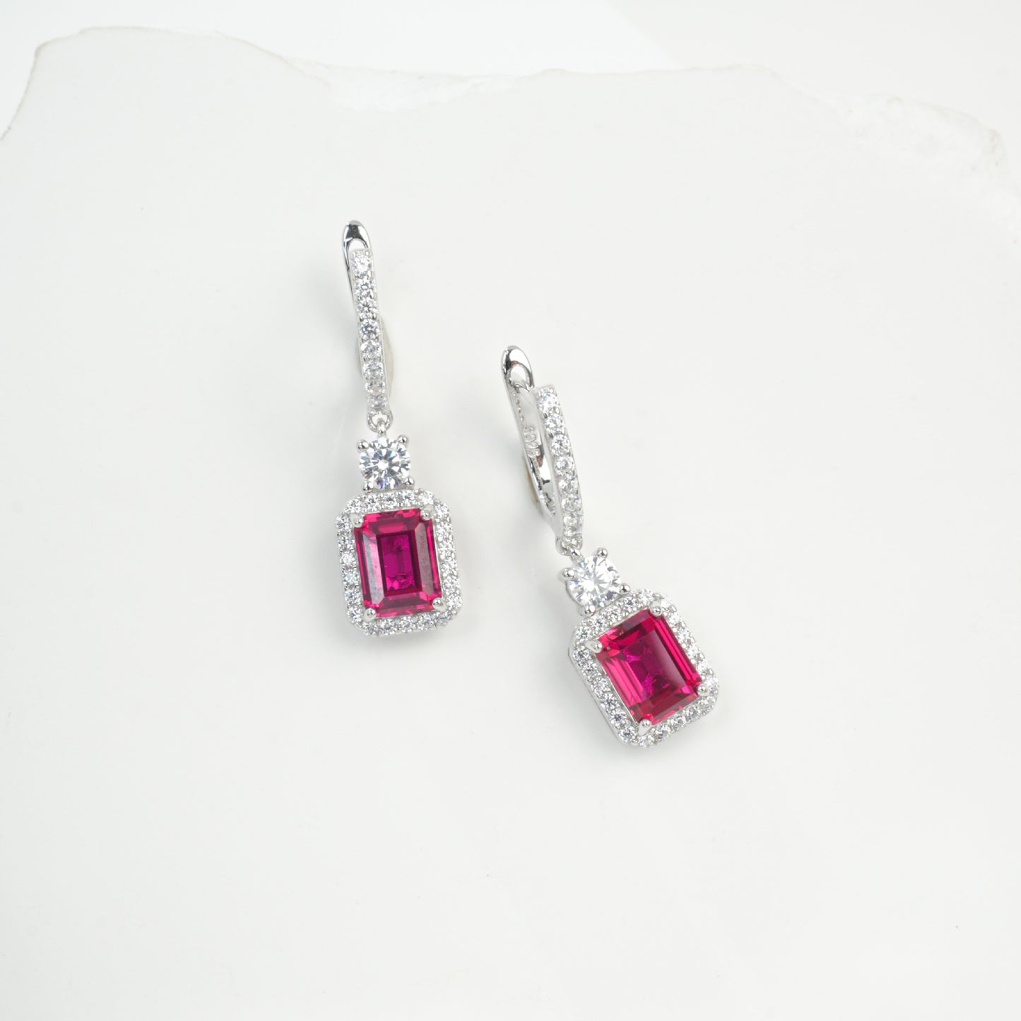 S925 Silver Lab Ruby Drop Earrings Diamond Halo, Anniversary Versatile Gift - Photo 3
