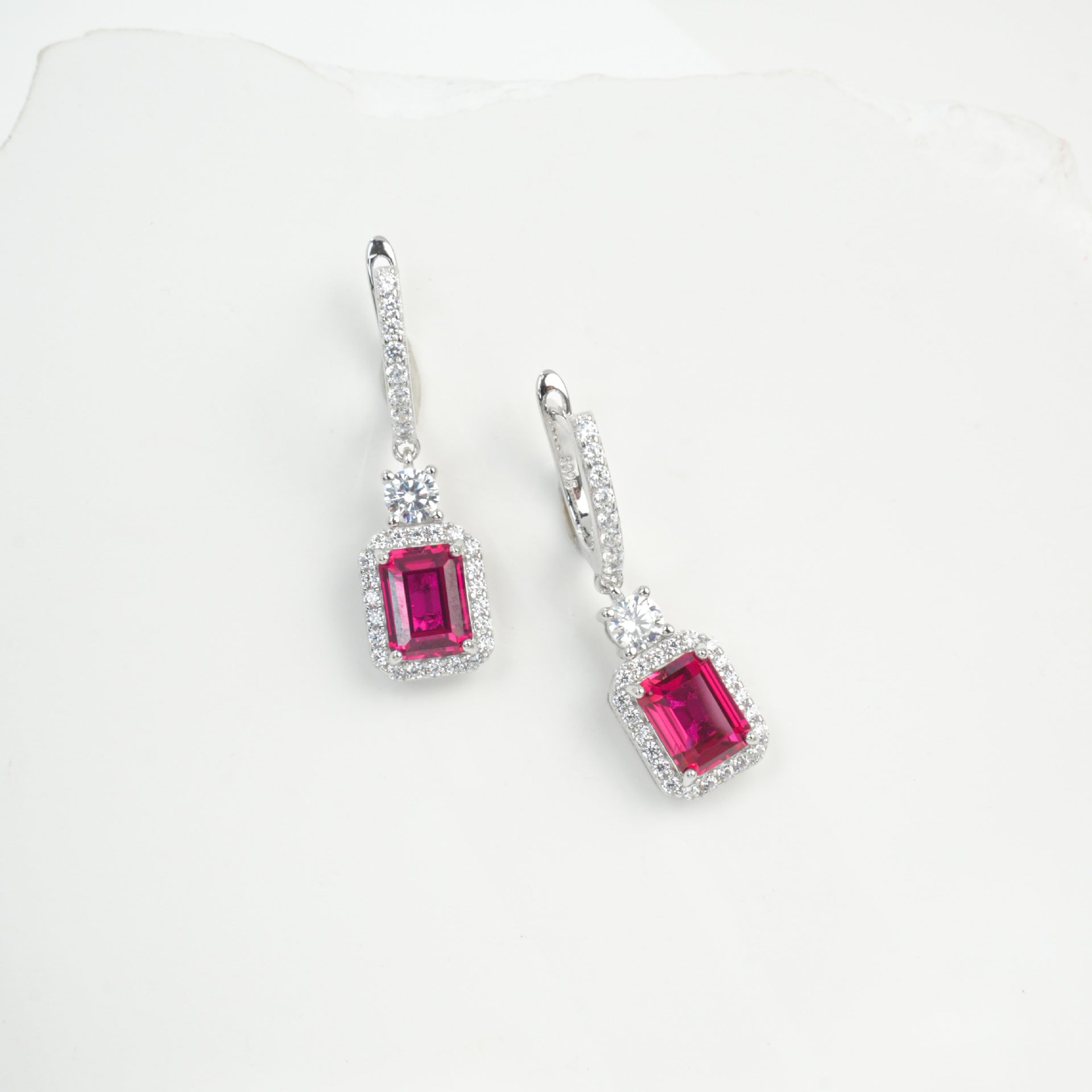 S925 Silver Lab Ruby Drop Earrings Diamond Halo, Anniversary Versatile Gift - Photo 3
