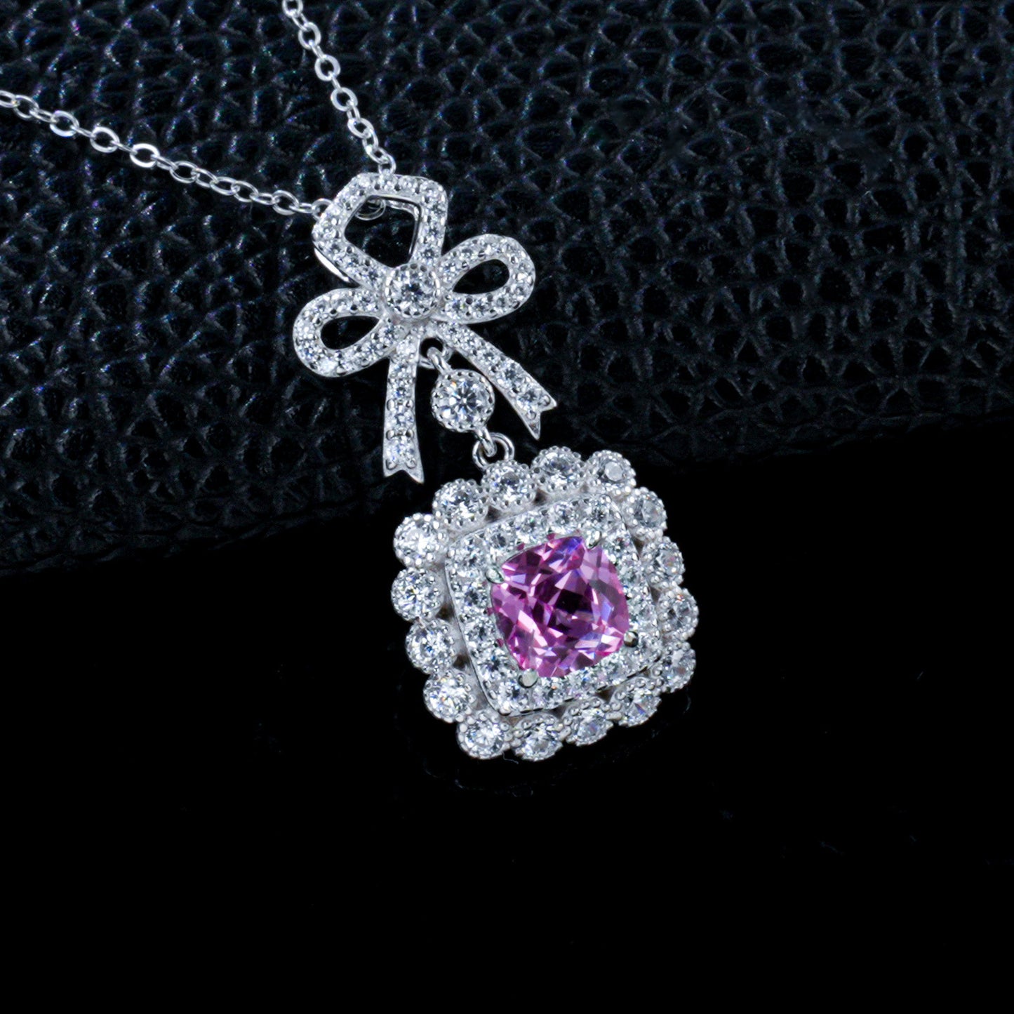 Lab Pink Sapphire Sugarloaf Pendant S925 Rhodium-Plated Bow, Choker Necklace - Photo 1