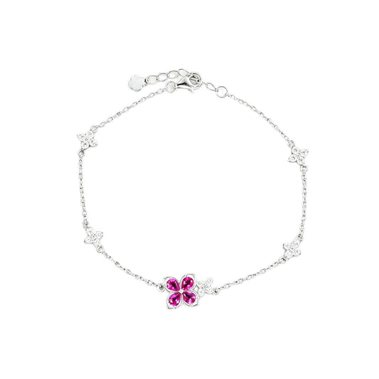 S925 Silver Four-Leaf Clover Lab Ruby Bracelet, Full Diamond Flower - Photo 5