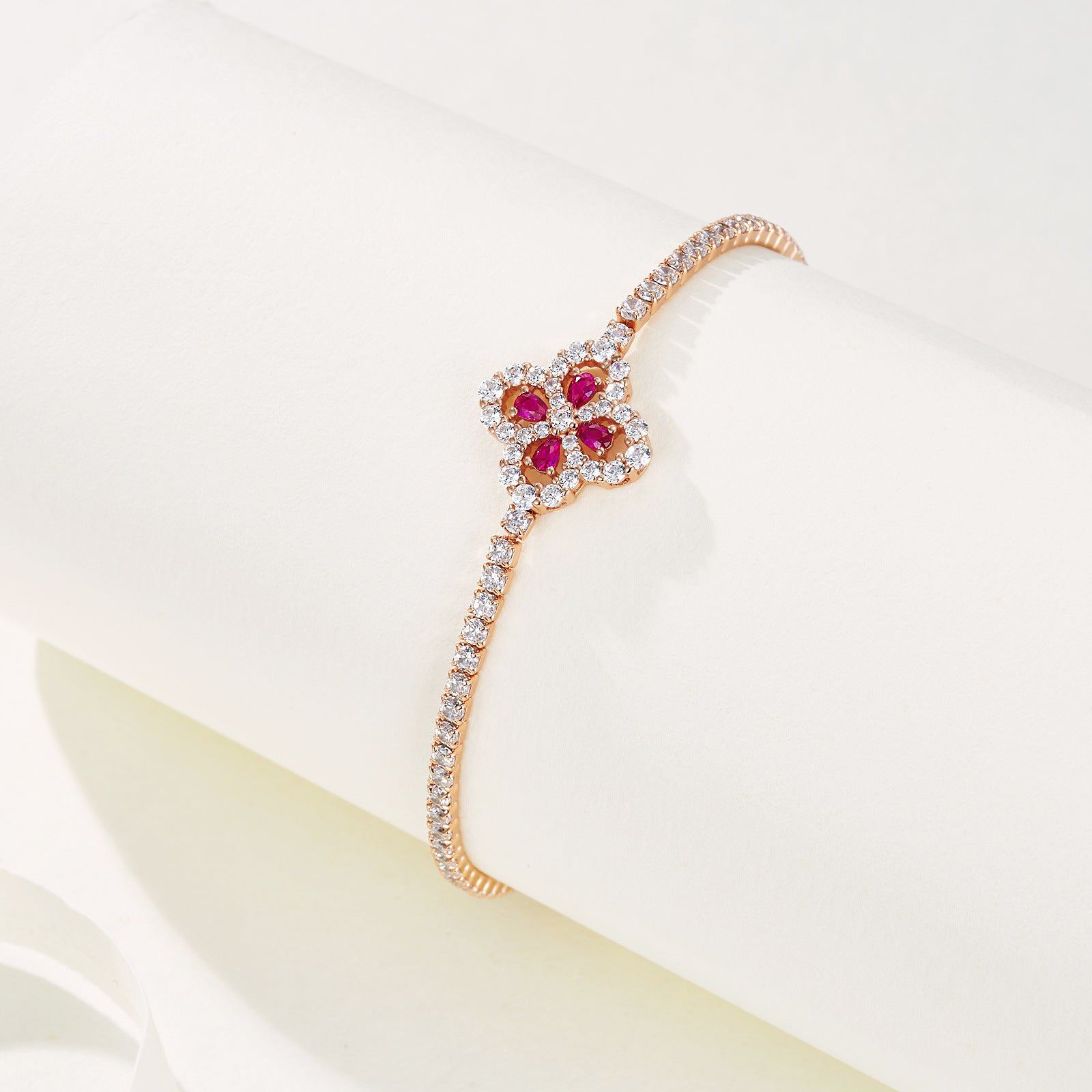 Lab Ruby Bracelet 925 Silver Vintage Sterling Lucky Four-Leaf Clover for Women - Photo 3