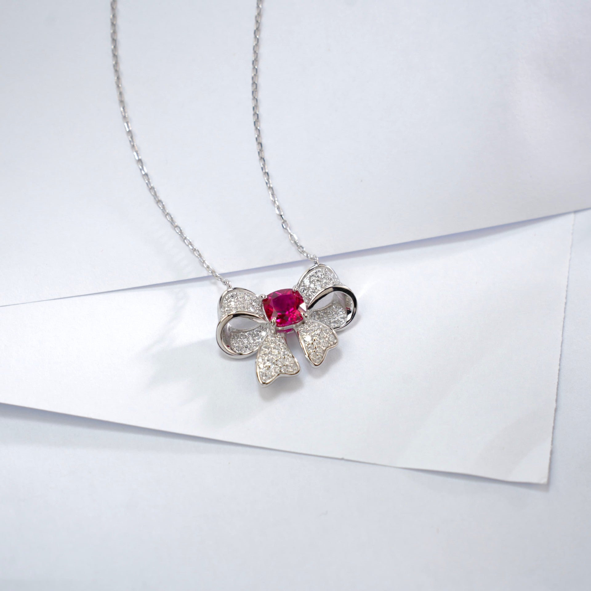 S925 Sterling Silver Lab Ruby Bow Full Diamond Choker, Versatile - Photo 3