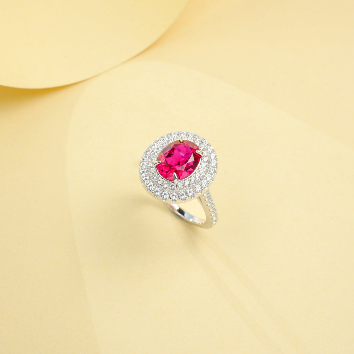 925 Sterling Silver White-Gold Lab Ruby Double-Halo Ring, Premium - Photo 2