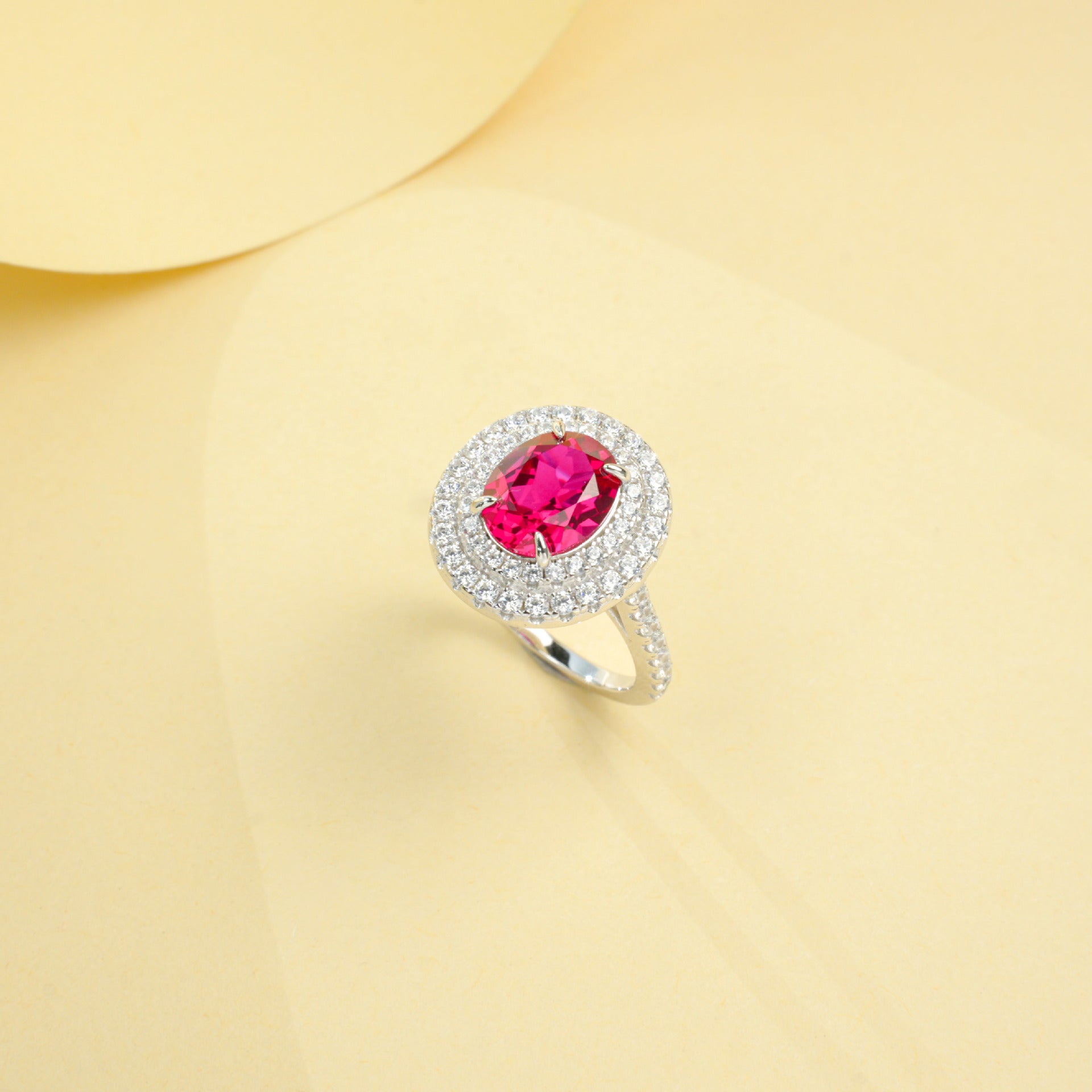 925 Sterling Silver White-Gold Lab Ruby Double-Halo Ring, Premium - Photo 2