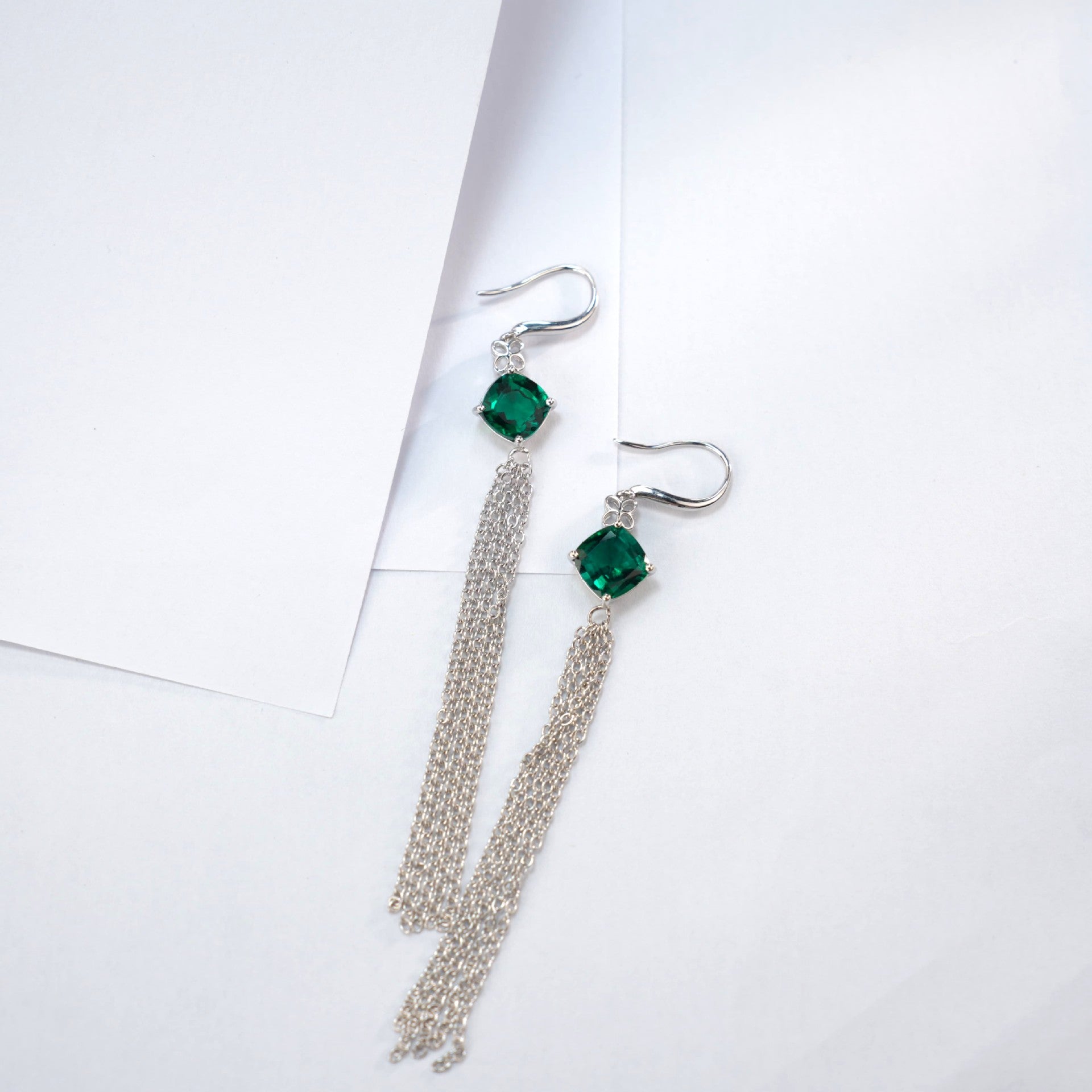 S925 Sterling Silver Lab Emerald Long Tassel Drop Earrings, Premium - Photo 3