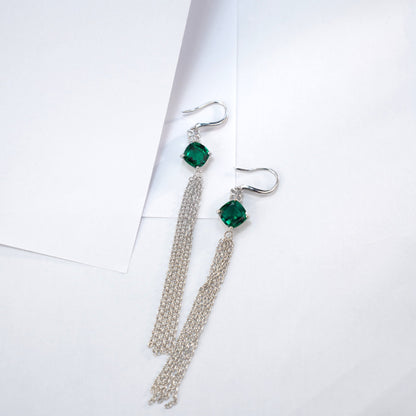 S925 Sterling Silver Lab Emerald Long Tassel Drop Earrings, Premium - Photo 3