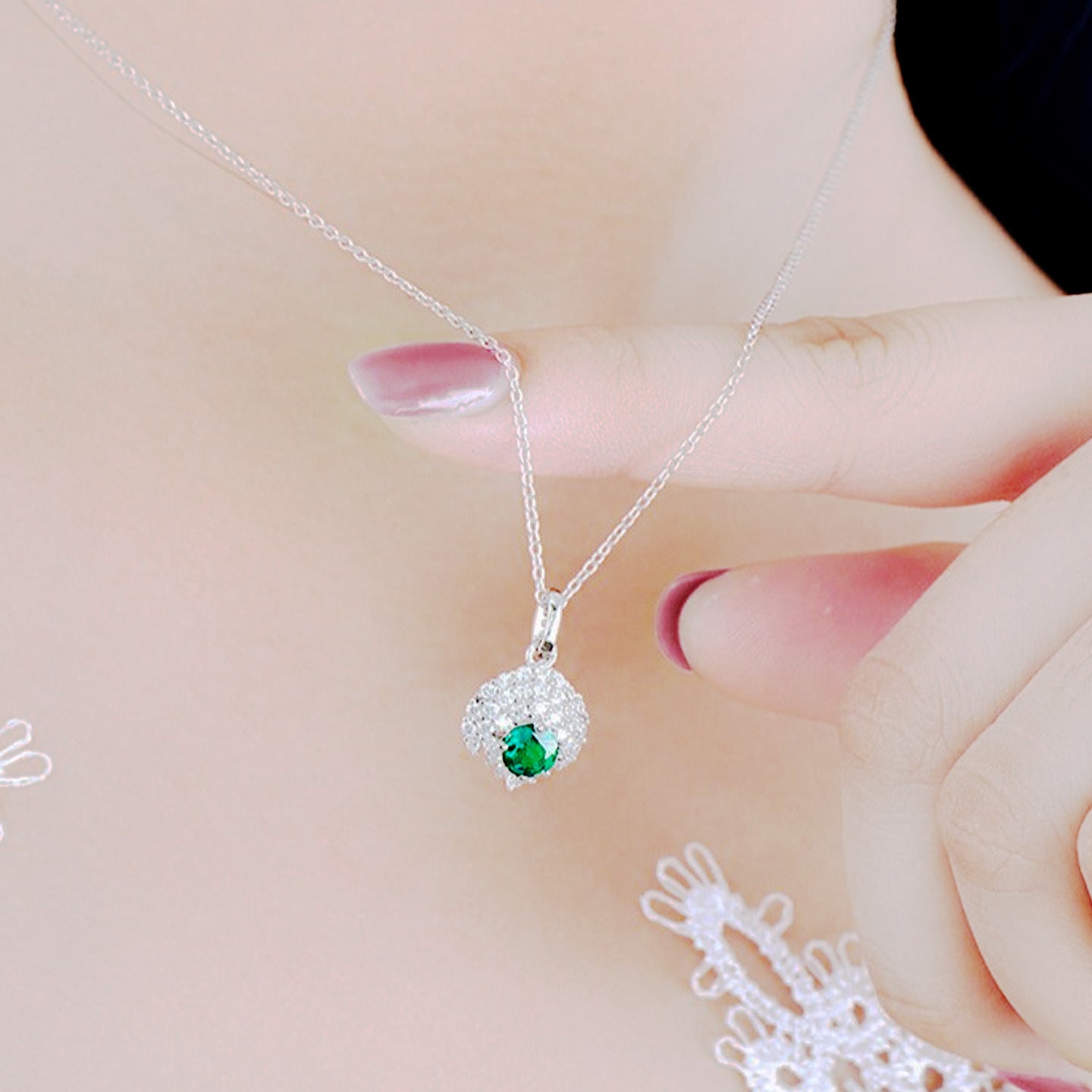 925 Sterling Silver 18K Gold-Plated Lab Emerald Pendant Necklace for Women, Elegant - Photo 3