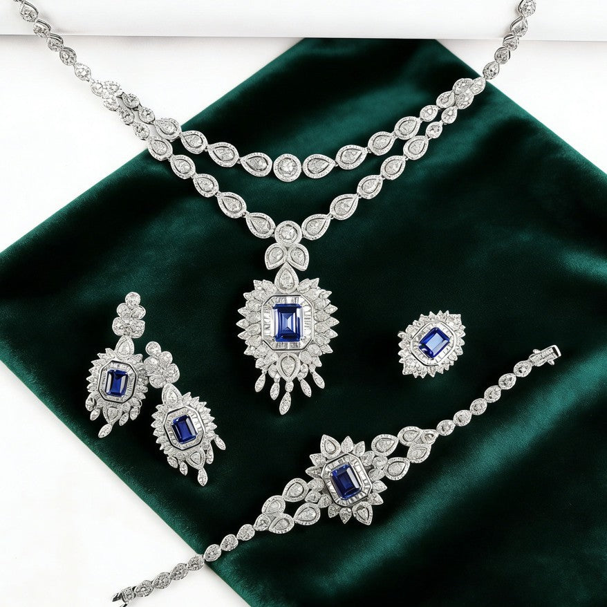 S925 Sterling Silver Royal Blue Lab Sapphire Vintage Pave Necklace Jewellery Set (3-Piece), Premium - Photo 3