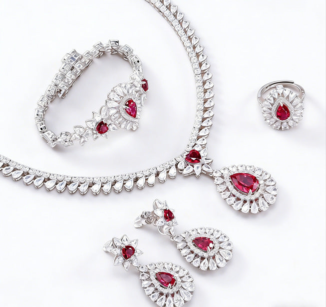 S925 Sterling Silver Lab Pigeon Blood Ruby Teardrop Jewellery Set, Luxurious Premium - Photo 6