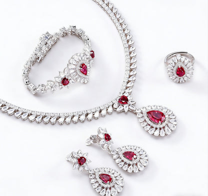 S925 Sterling Silver Lab Pigeon Blood Ruby Teardrop Jewellery Set, Luxurious Premium - Photo 6