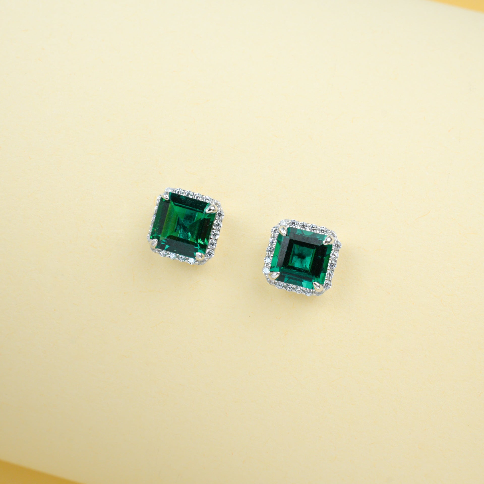 S925 Silver Square Cushion Lab Emerald Diana Halo Stud Earrings, Birthday Gift - Photo 2