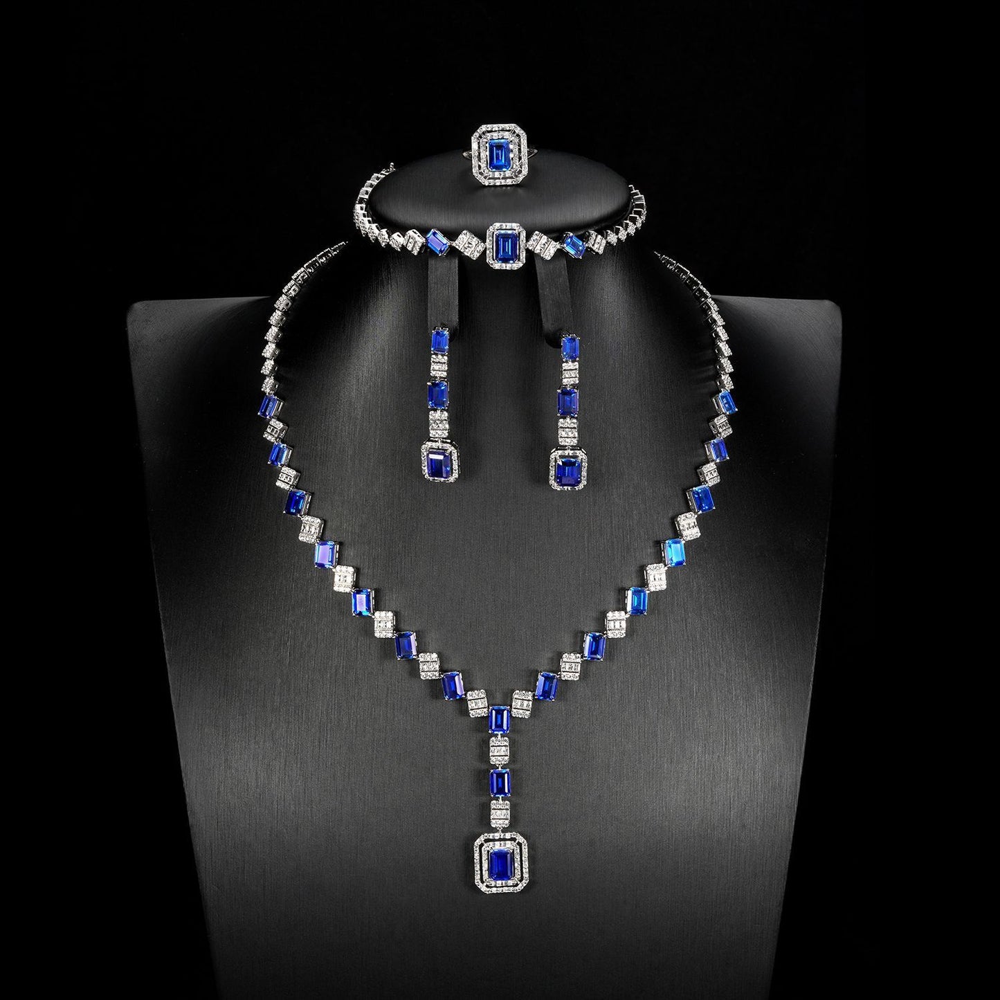 925 Sterling Silver Lab Sapphire 4-Piece Jewellery Set, Vintage Luxurious Wedding for Women - Photo 3