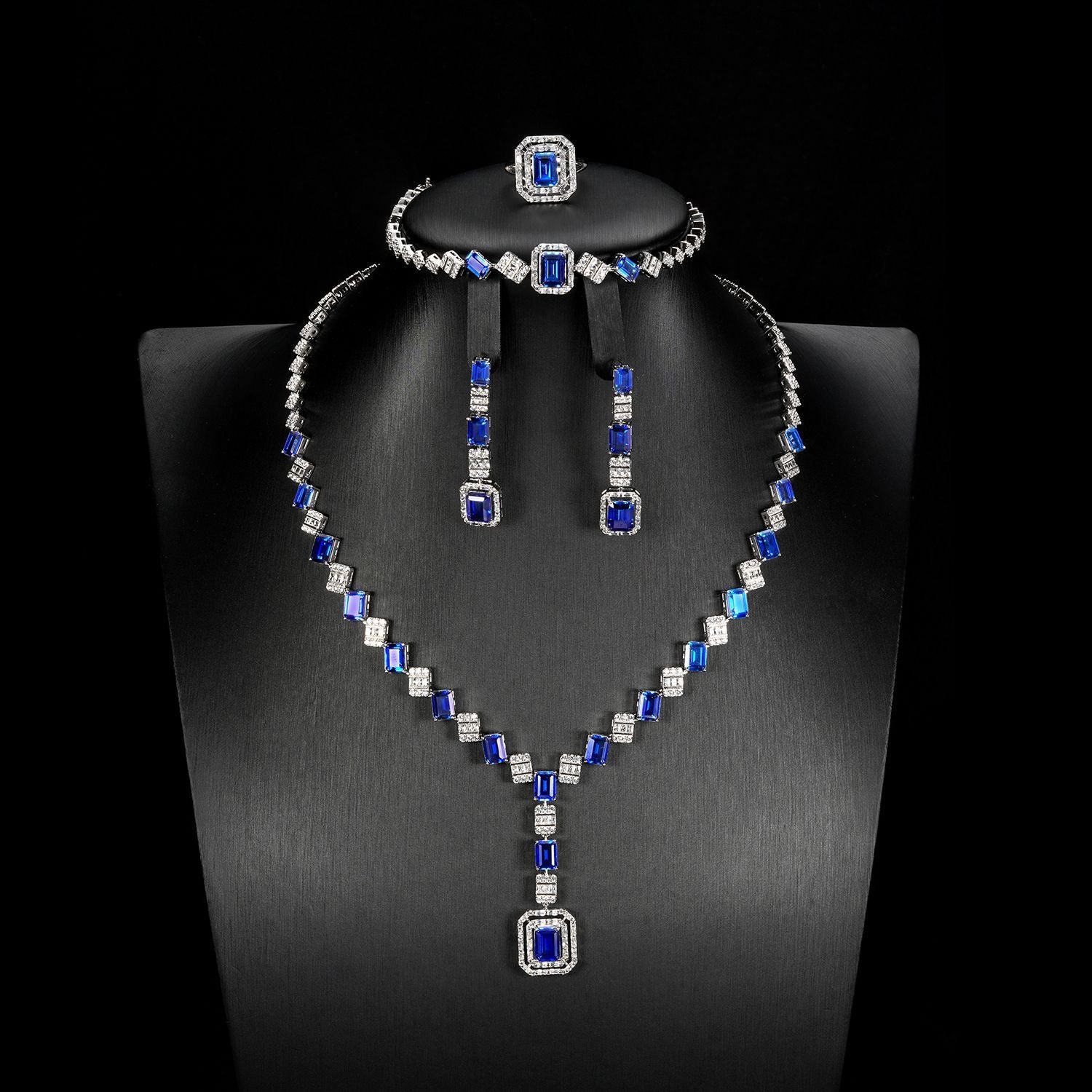 925 Sterling Silver Lab Sapphire 4-Piece Jewellery Set, Vintage Luxurious Wedding for Women - Photo 3