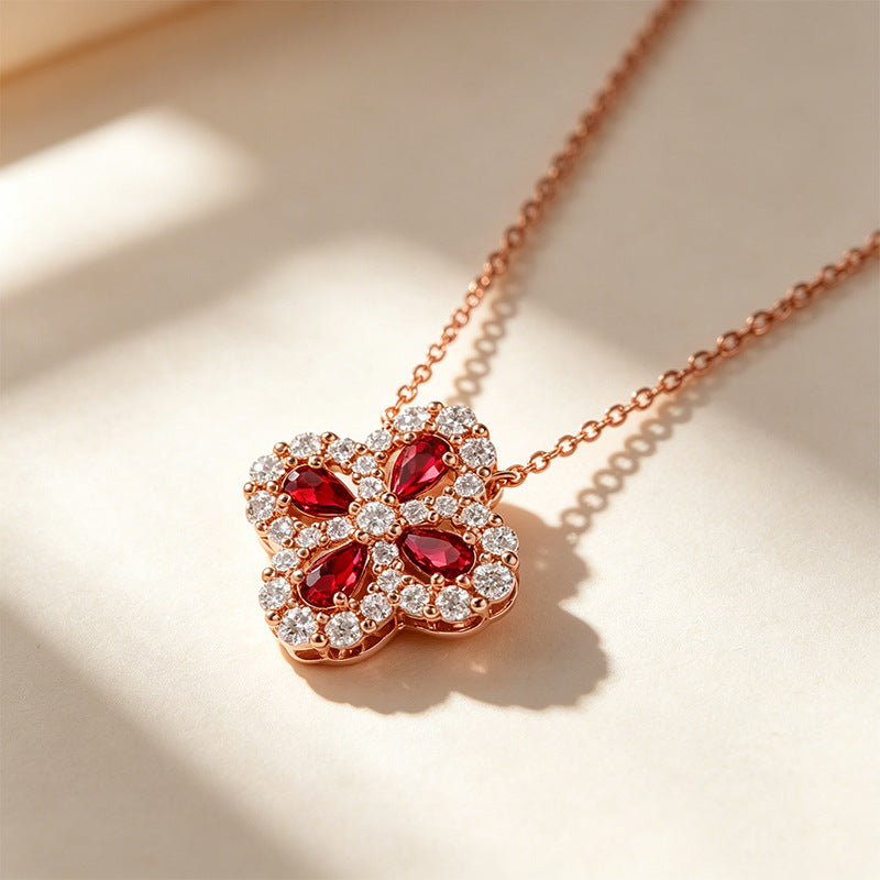 925 Sterling Silver Lab Ruby Four-Leaf Clover Teardrop Pendant Choker, Romantic Versatile Gift - Photo 2
