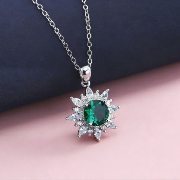 S925 Sterling Silver Lab Emerald Sunflower Halo Pendant Choker Necklace, Premium - Photo 4