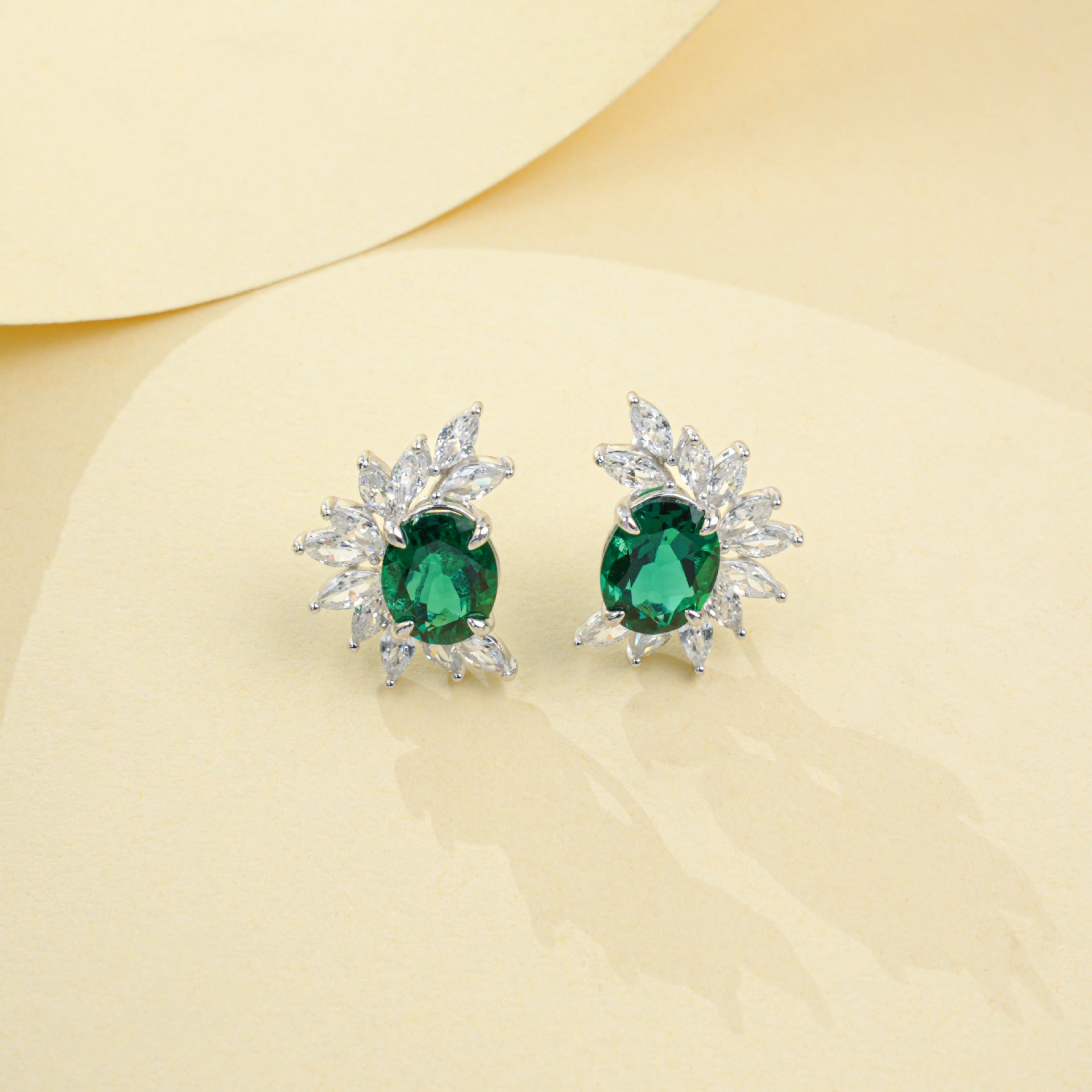 S925 Silver Oval Lab Emerald Marquise Diamond Halo Women's Earrings - Photo 3