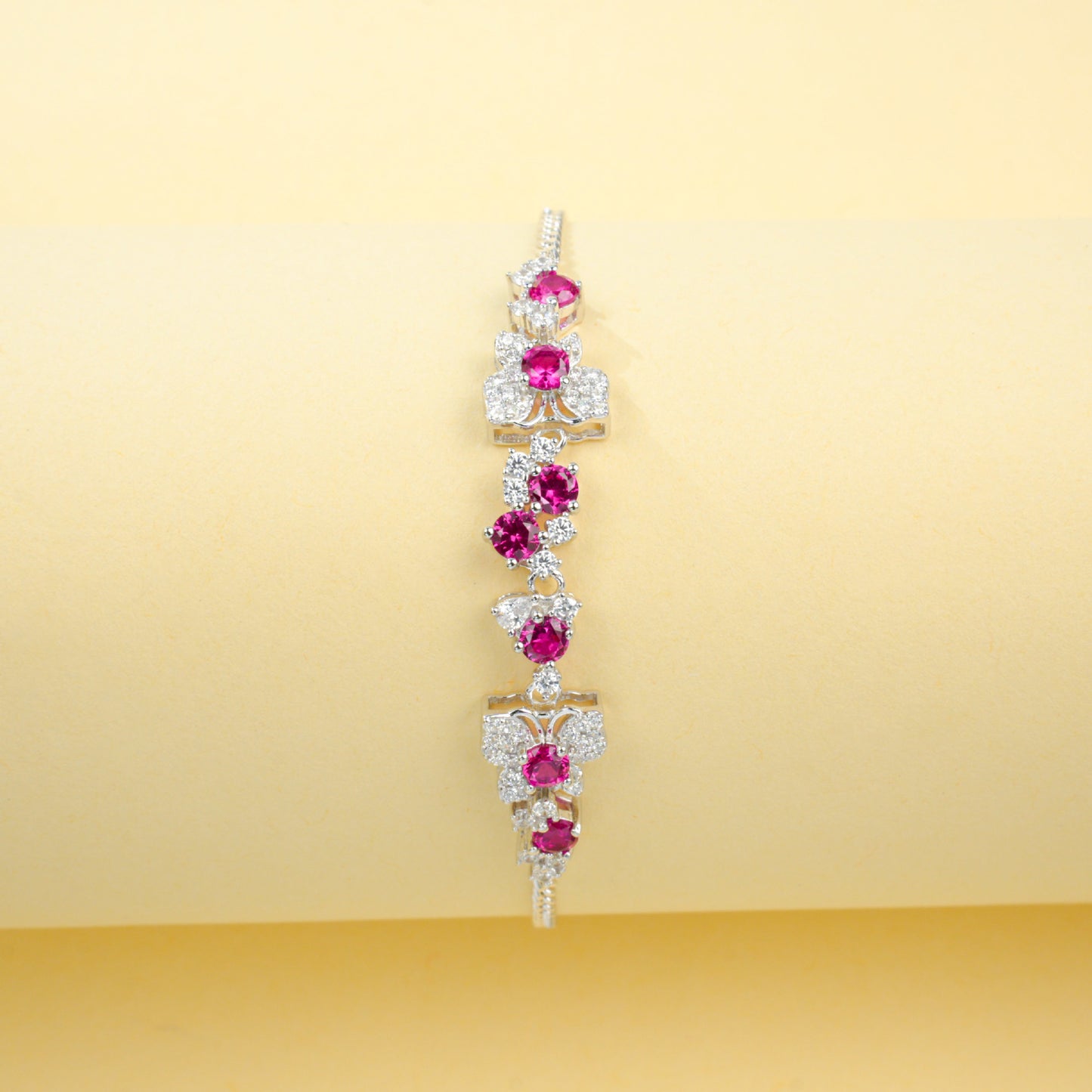 S925 Silver Round Ruby Diamond Flower Bracelet, Gentle Elegant Direct - Photo 3