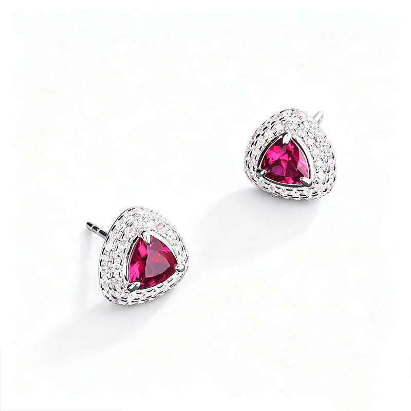S925 Silver Triangle Lab Ruby Full Diamond Stud Earrings, Skin-Brightening Earrings - Photo 5