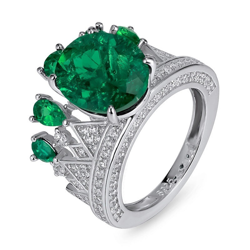 S925 Sterling Silver Crown Emerald Ring, Gemstone Halo Design - Photo 5
