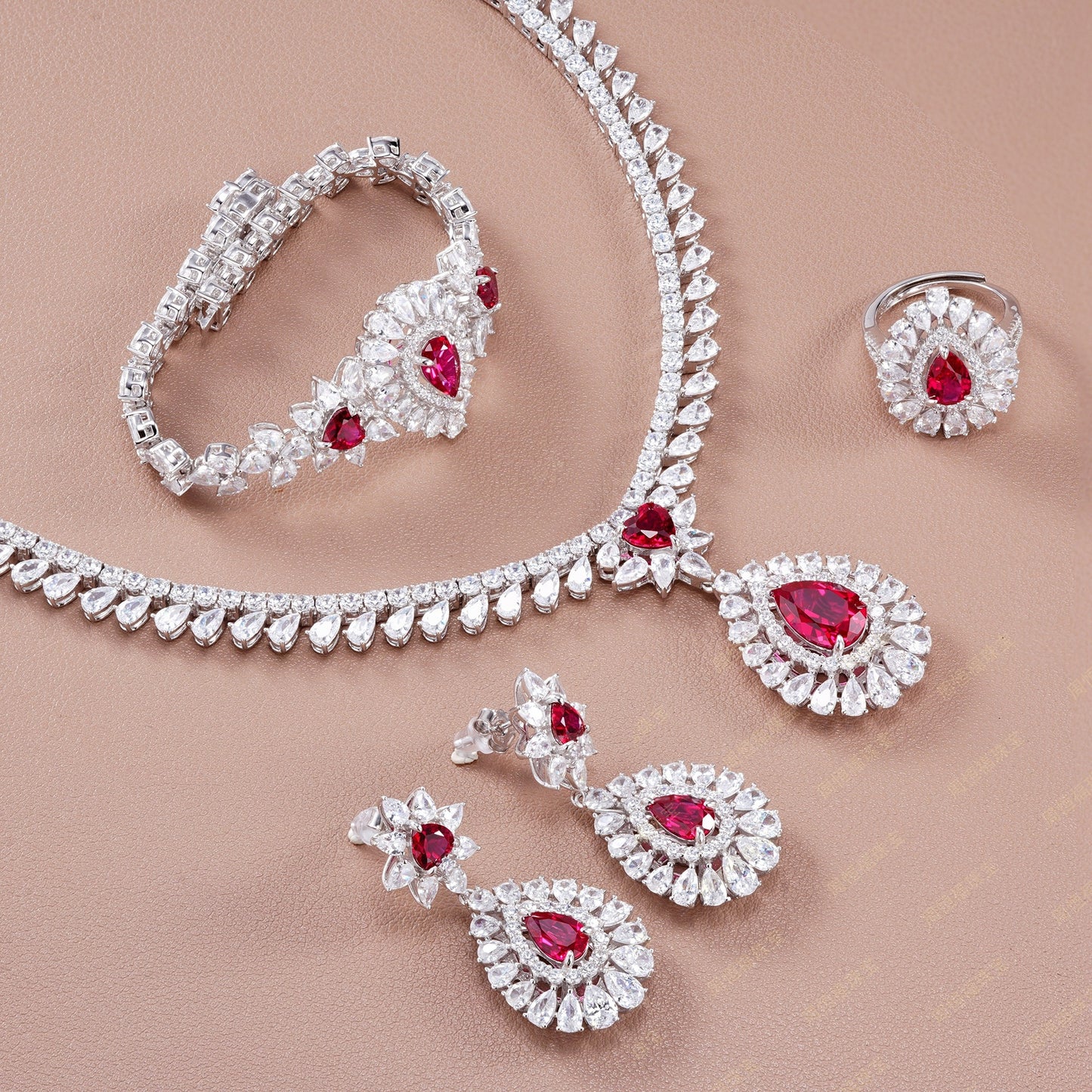 S925 Sterling Silver Lab Pigeon Blood Ruby Teardrop Jewellery Set, Luxurious Premium - Photo 2