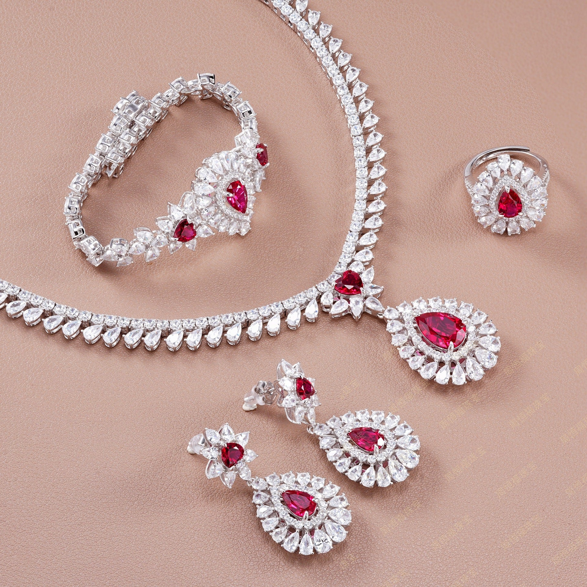 S925 Sterling Silver Lab Pigeon Blood Ruby Teardrop Jewellery Set, Luxurious Premium - Photo 2