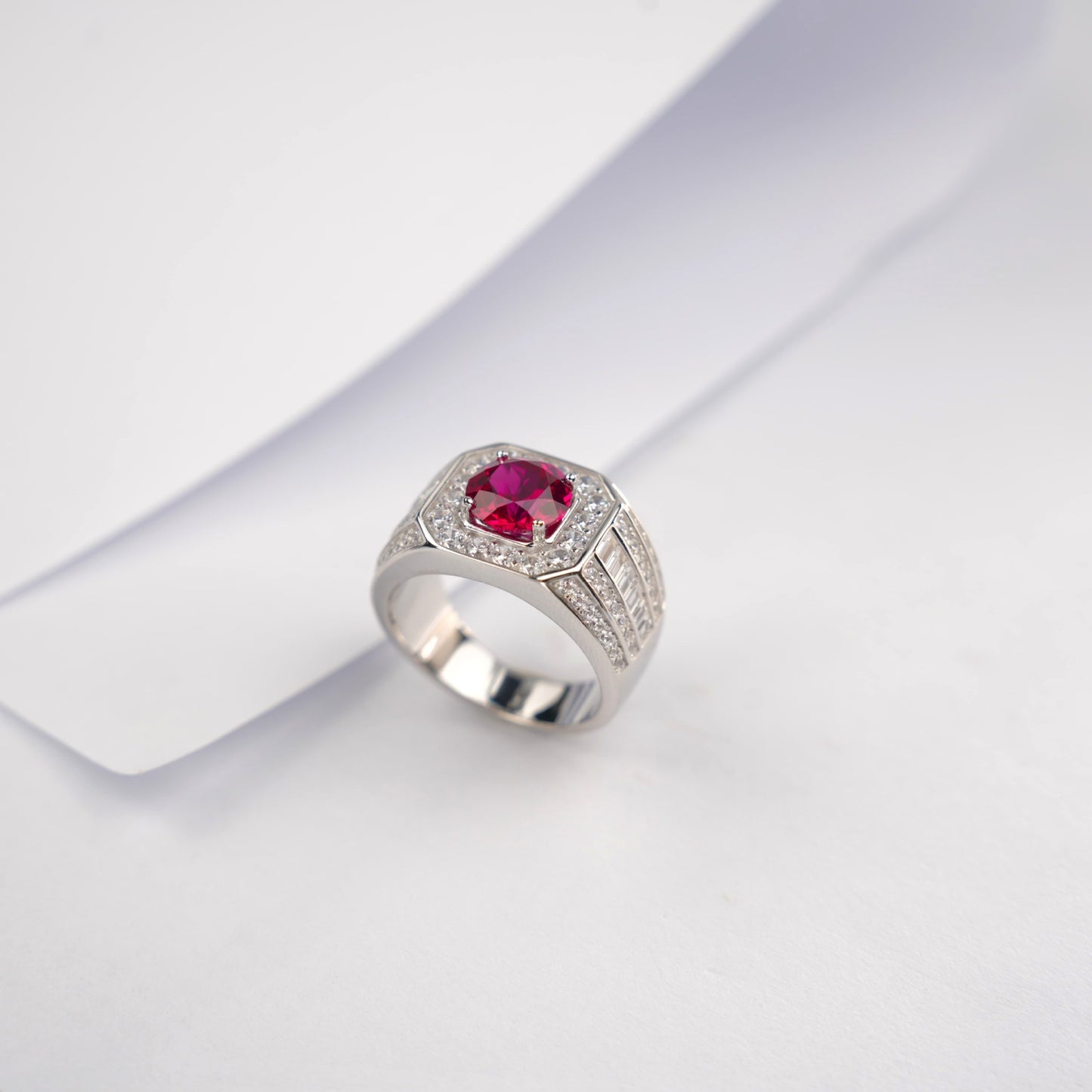 925 Sterling Silver Lab Ruby Men's Ring, Diamond Round Bold - Photo 2