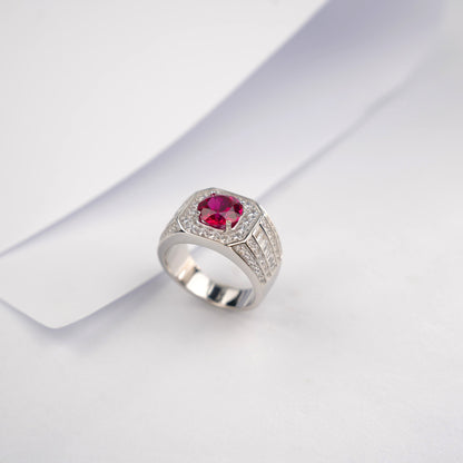 925 Sterling Silver Lab Ruby Men's Ring, Diamond Round Bold - Photo 2