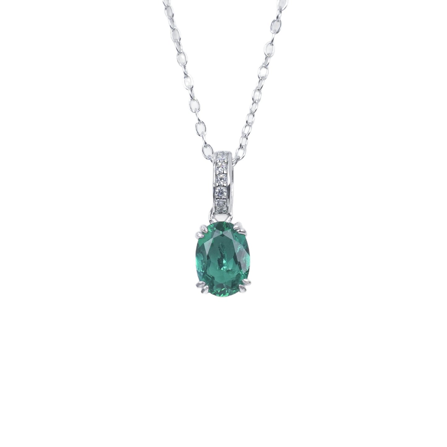S925 Silver 4-Claw Oval Lab Emerald Pendant, Gift Bestie Birthday - Photo 5