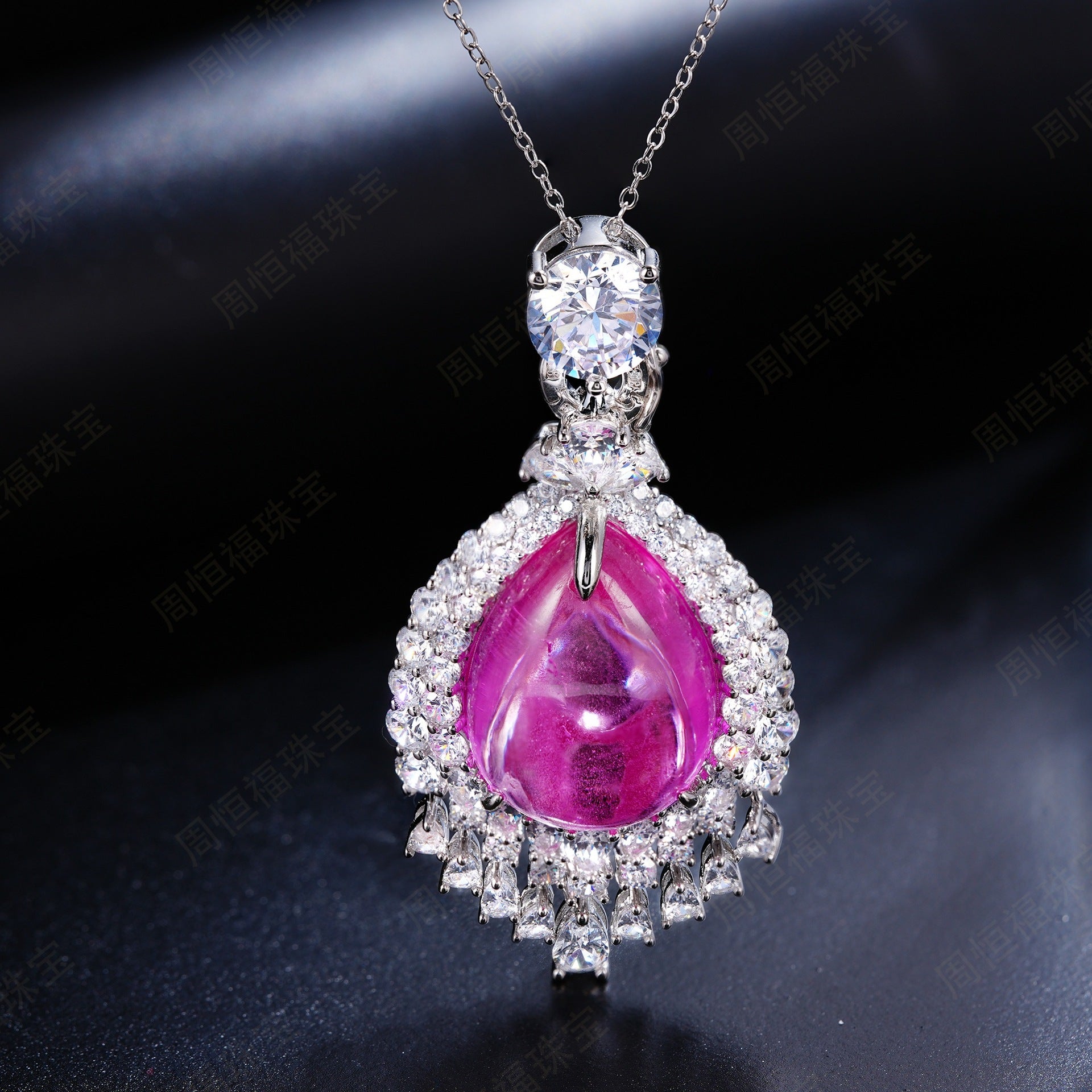 S925 Sterling Silver Lab Pink Ruby Teardrop Pave Pendant Choker Necklace, Premium Elegant - Photo 4
