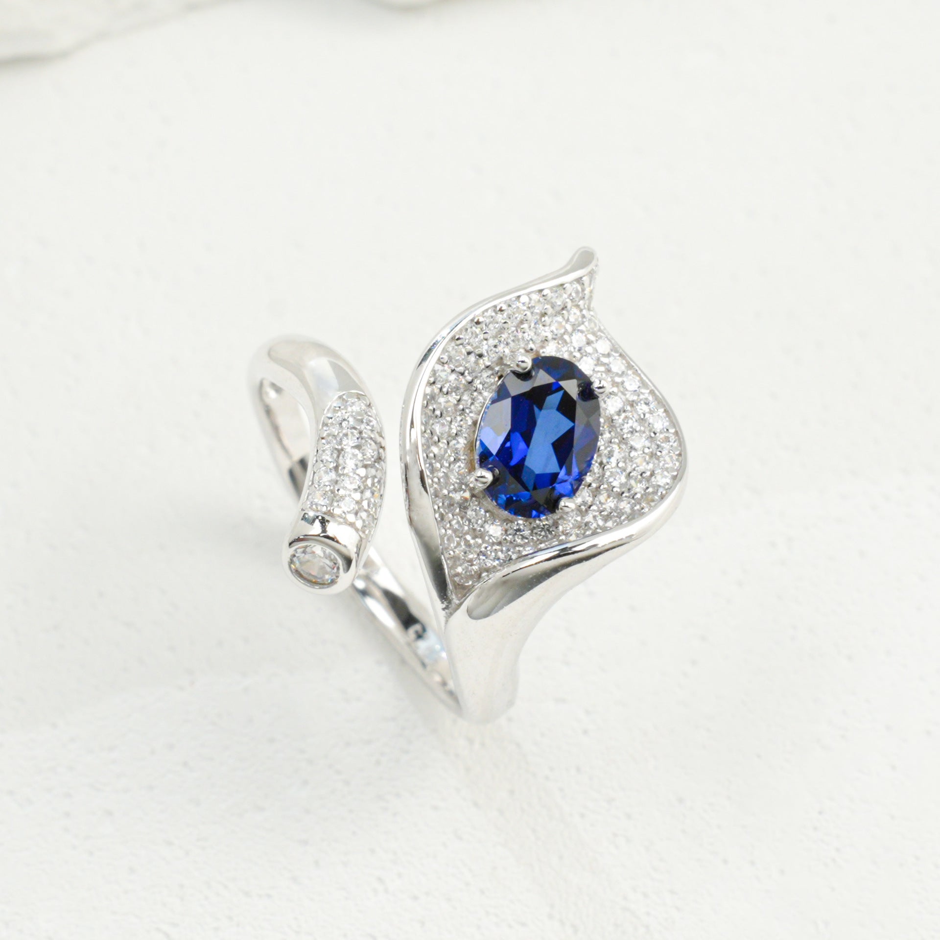 925 Sterling Silver Lab Sapphire Calla Lily Open Pave Ring, Premium for Women - Photo 6