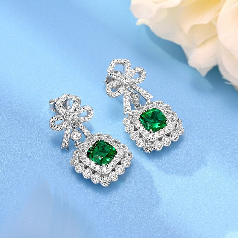 S925 Sterling Silver Lab Emerald Bowknot Halo Long Drop Earrings, for Women - Photo 3