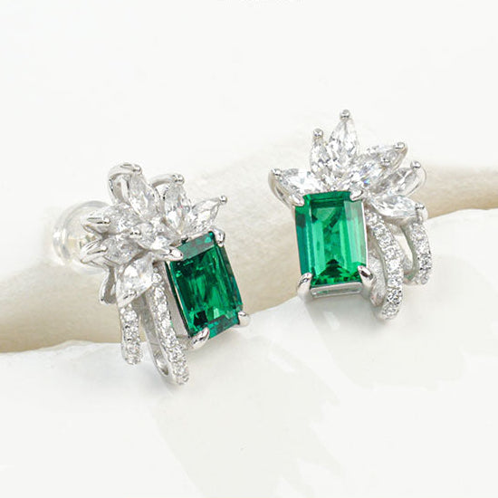925 Sterling Silver Lab Emerald Square Stud Earrings, Princess Premium Vintage - Photo 1
