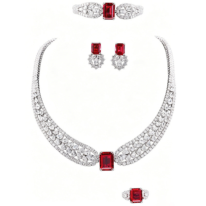 S925 Sterling Silver Lab Pigeon Blood Ruby Set Emerald-Cut, Bride Wedding Accessory - Photo 5