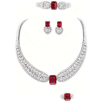 S925 Sterling Silver Lab Pigeon Blood Ruby Set Emerald-Cut, Bride Wedding Accessory - Photo 5