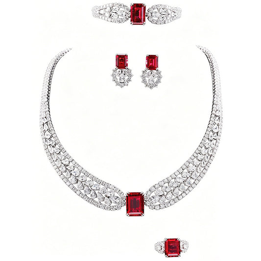 S925 Sterling Silver Lab Pigeon Blood Ruby Set Emerald-Cut, Bride Wedding Accessory - Photo 5