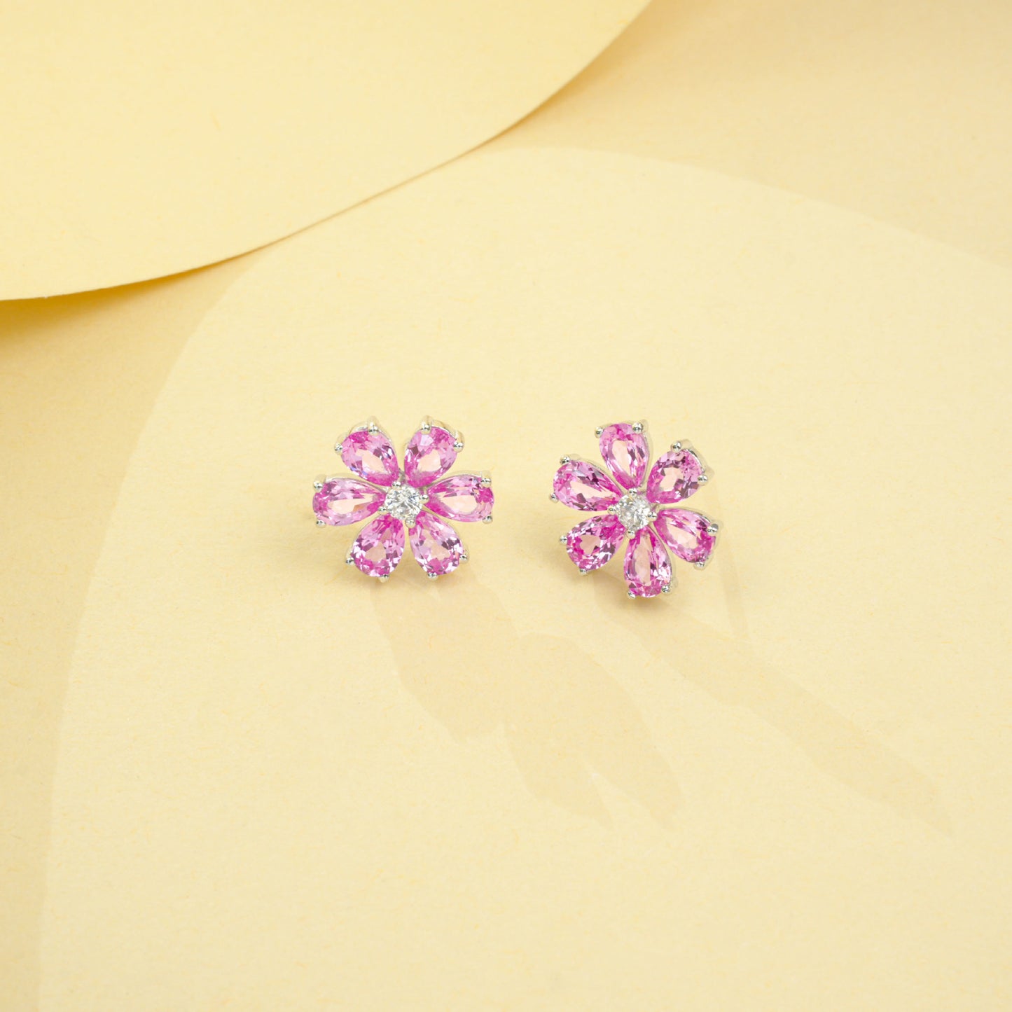 S925 Sterling Silver Lab Padparadscha Six-Petal Cherry Blossom Stud Earrings - Photo 2