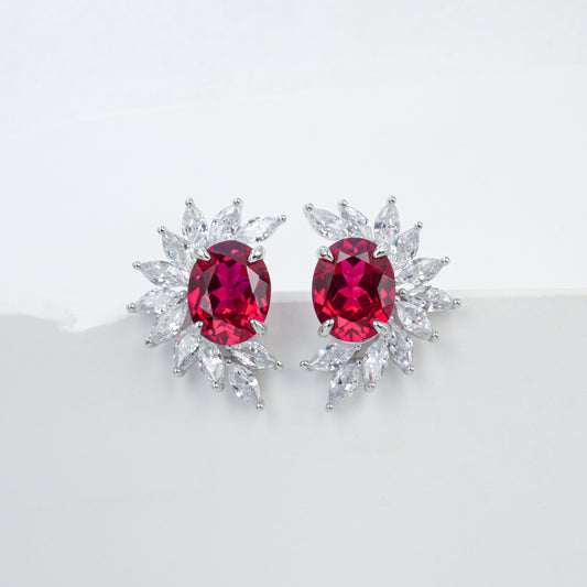 925 Sterling Silver Lab Pigeon Blood Ruby Sunflower Stud Earrings, French Vintage Birthday for Women - Photo 1