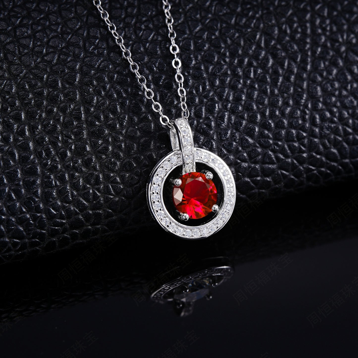 S925 Sterling Silver Lab Ruby Necklace, Design Vintage Round - Photo 2