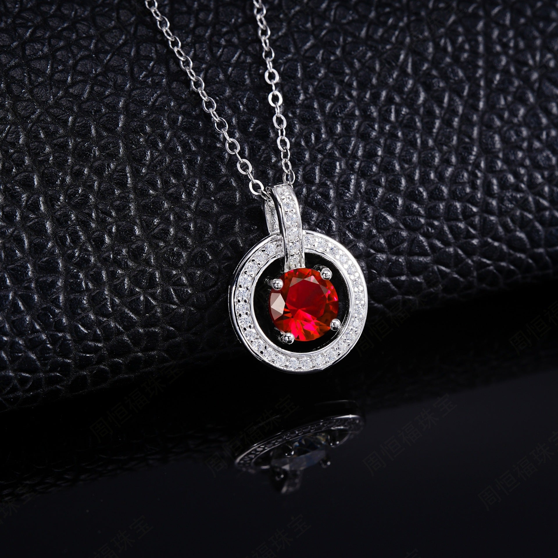 S925 Sterling Silver Lab Ruby Necklace, Design Vintage Round - Photo 2