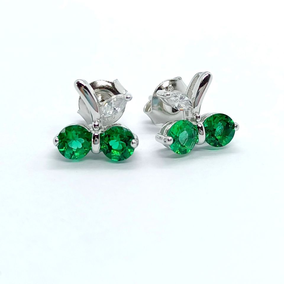 S925 Silver Cherry Emerald Stud Earrings, Mini Small Girly - Photo 2