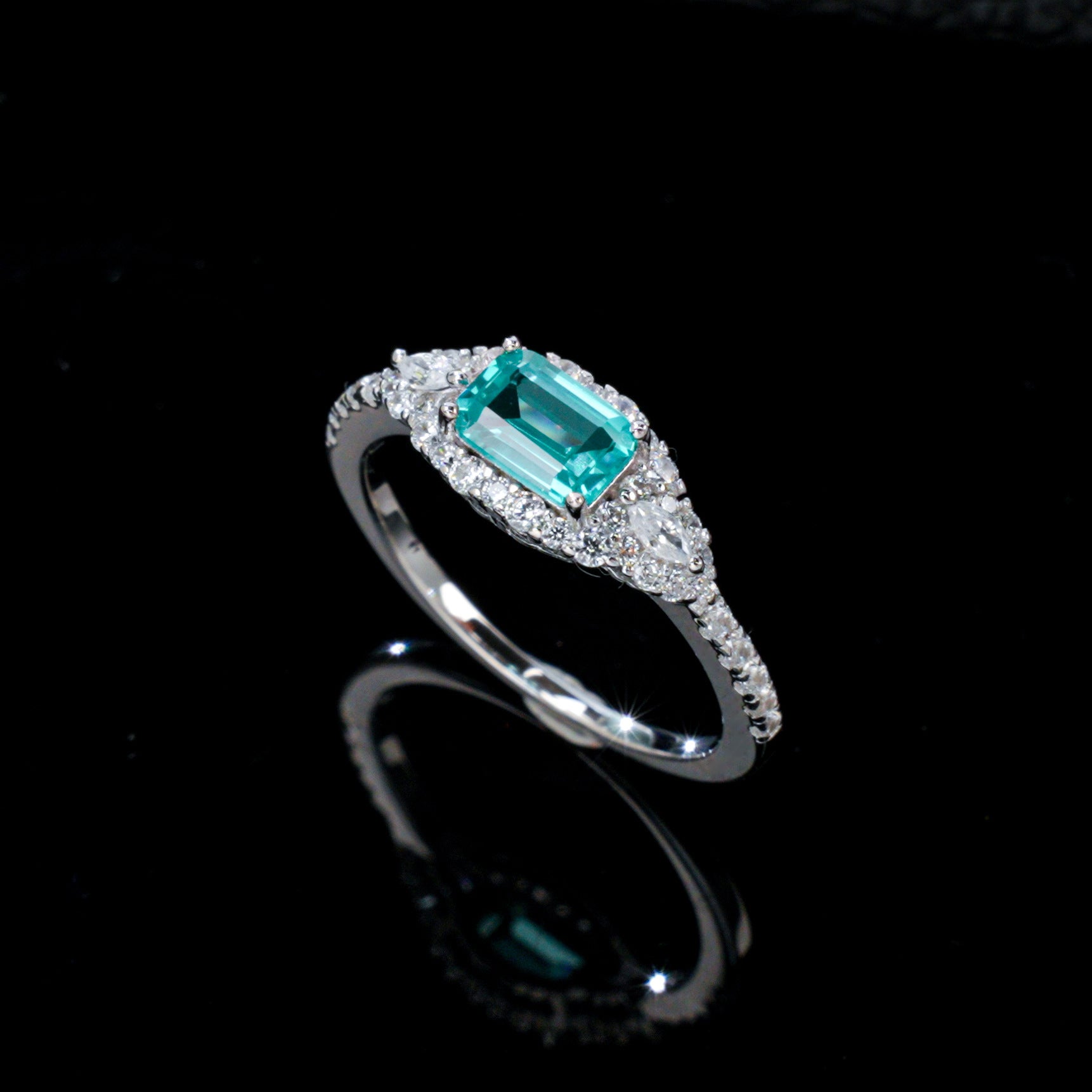 S925 Silver Rectangle Lab Paraiba Tsavorite Diamond, Gemstone Ring - Photo 2
