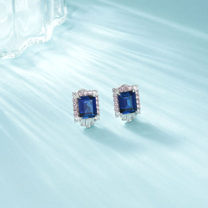S925 Sterling Silver Lab Sapphire Earrings, Simple Women's Rectangle - Photo 6