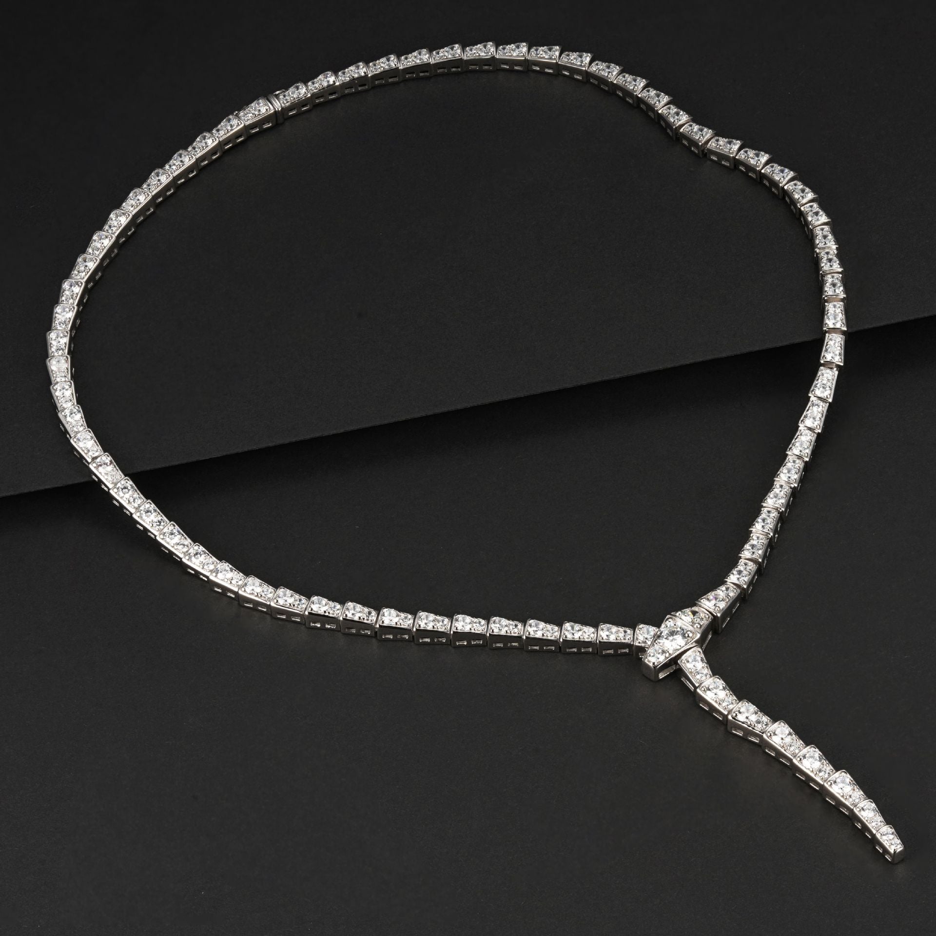 S925 Sterling Silver Y-Shape Pave Snake Chain Choker Necklace, Premium - Photo 4